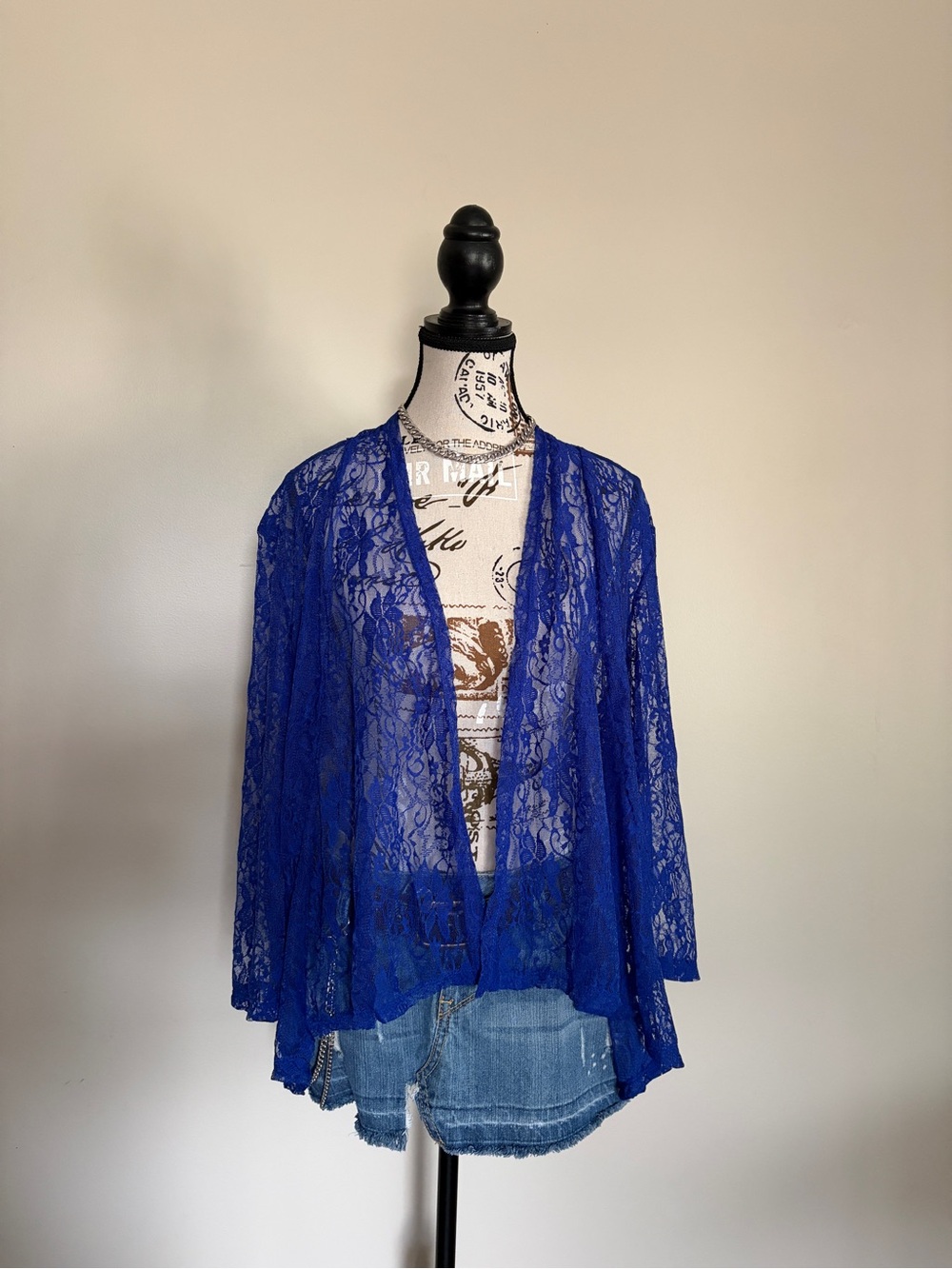 Y2K Royal Blue Sheer Lace Cardigan Open Front Boho Fairycore Jessica